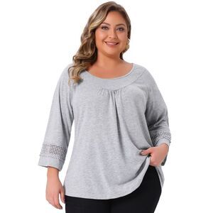 Plus Size Crochet Panel Kimono Raglan Sleeves Tops Gray
